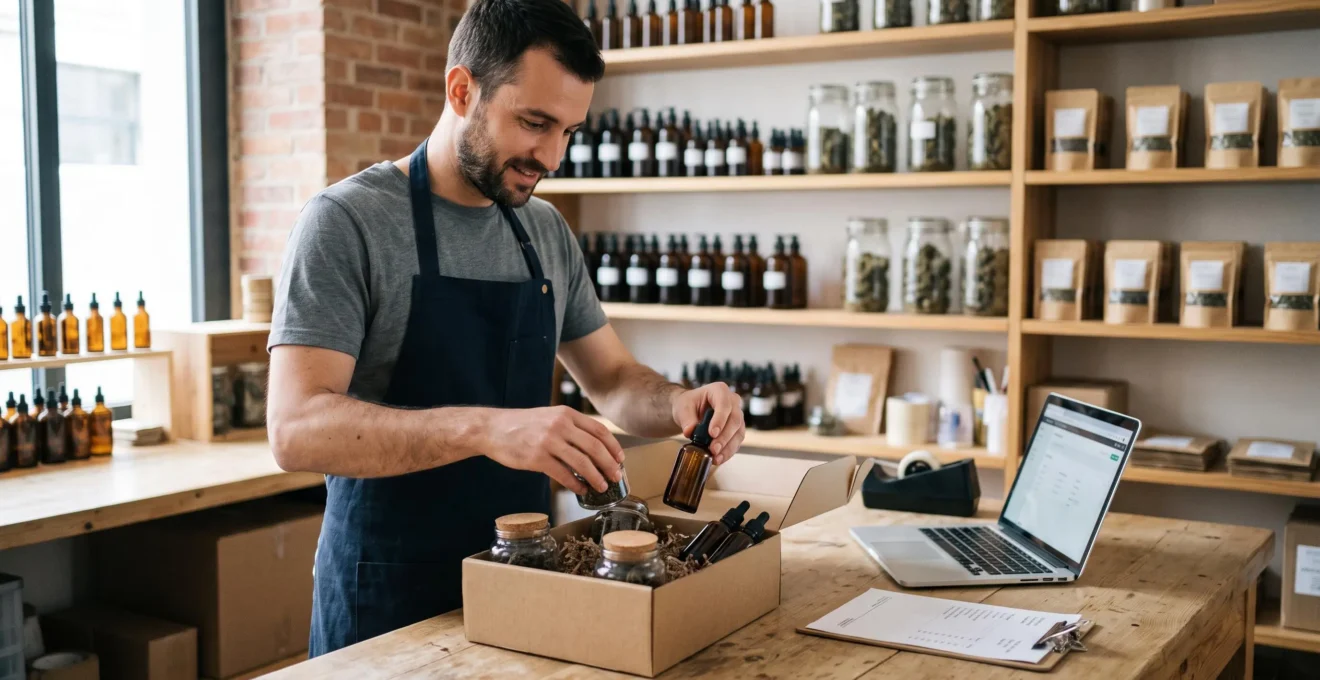 Un employé prépare une commande de produits CBD dans l'arrière-boutique d'un magasin en ligne français.