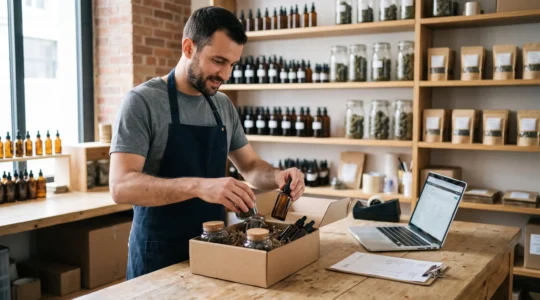 Un employé prépare une commande de produits CBD dans l'arrière-boutique d'un magasin en ligne français.