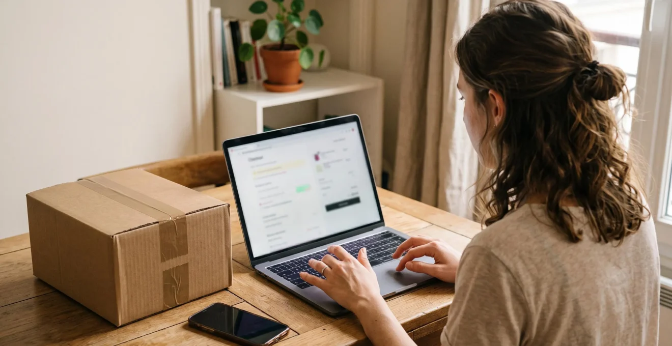 Une femme finalise une commande en ligne sur son ordinateur portable, un colis déjà scellé posé à côté d'elle sur la table.