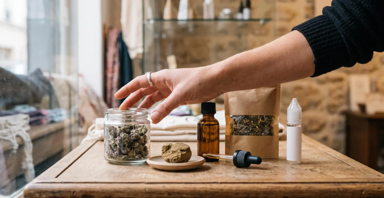 Gros plan sur différents formats de produits CBD disposés sur un présentoir en bois, avec une main qui approche un pot de fleurs séchées.